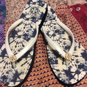 Tory Burch navy and white flip flops